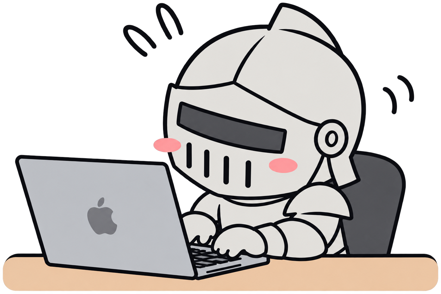 ノートPCで作業する、鎧姿の作者のイラスト
