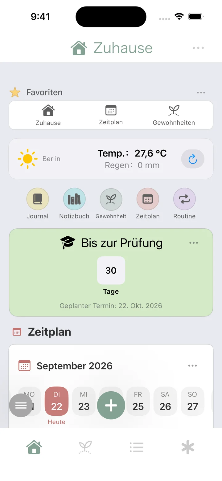 macaroList-Startseite mit Kalender, heutigen Aufgaben und Gewohnheiten.