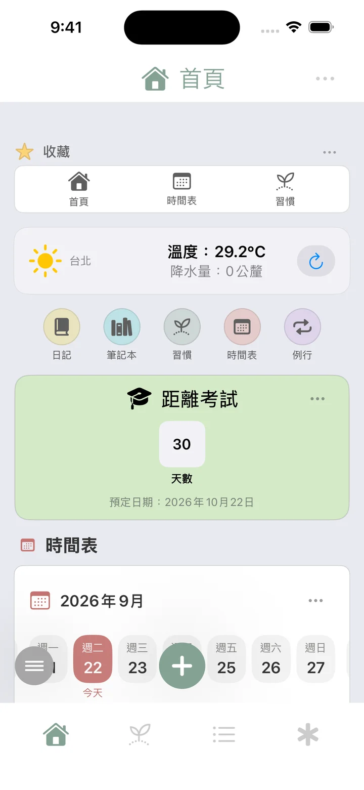 macaroList 首頁,顯示行事曆、今天的待辦和習慣。
